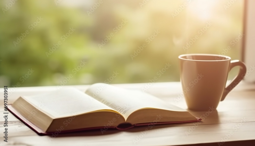 Open bible with a cup of coffee for morning devotion on wooden table with window light Open bible with a cup of coffee for morning devotion on wooden table with window light