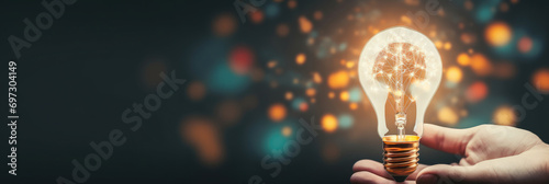 A hand holds a light bulb with glowing light on blurred background. Suitable for creativity, innovation, ideas, and inspiration concepts in design, marketing, education, and technology visuals.
