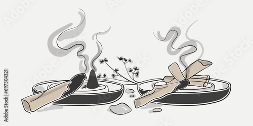 Palo santo wood and palo santo sticks line art drawing on beige background. Shaman medicine, aromatherapy tools and line set. Vector illustration