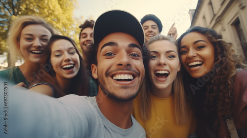 Happy young people having fun hanging out on city street, Taking selfie cheerful on summer vacation together. 