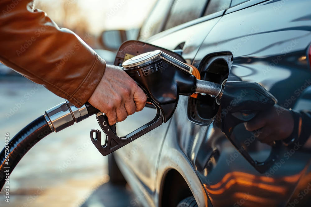 a close up image of a hand filling up a car with gas at a gas station - obrazy, fototapety, plakaty 