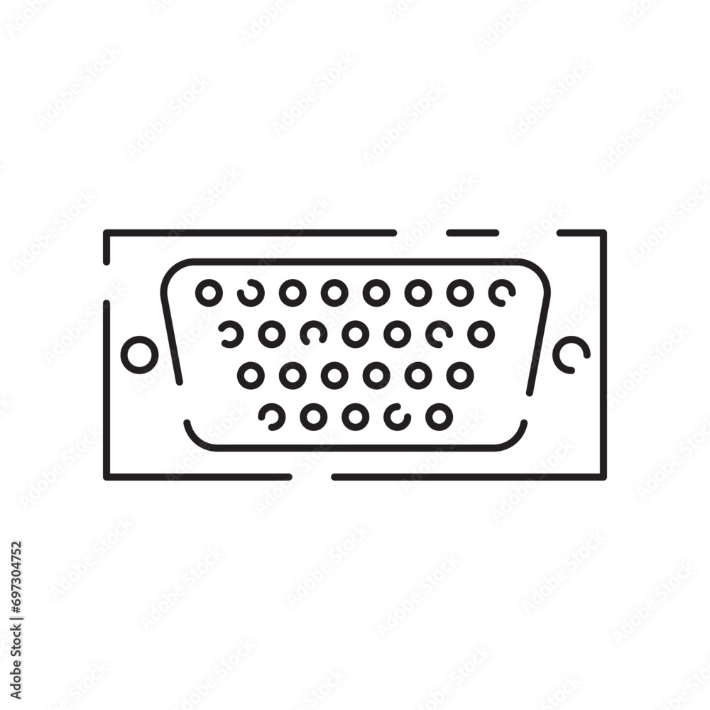 Fototapeta premium Computer hardware line icon. Graphic card or processor and RAM. GPU or CPU and cooler. Case with motherboard. Vector SSD cable with fan. Computer details