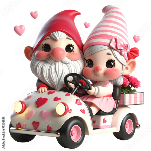 3d Cute Gnome Couple Golf Cart Valentine Clipart Illustration