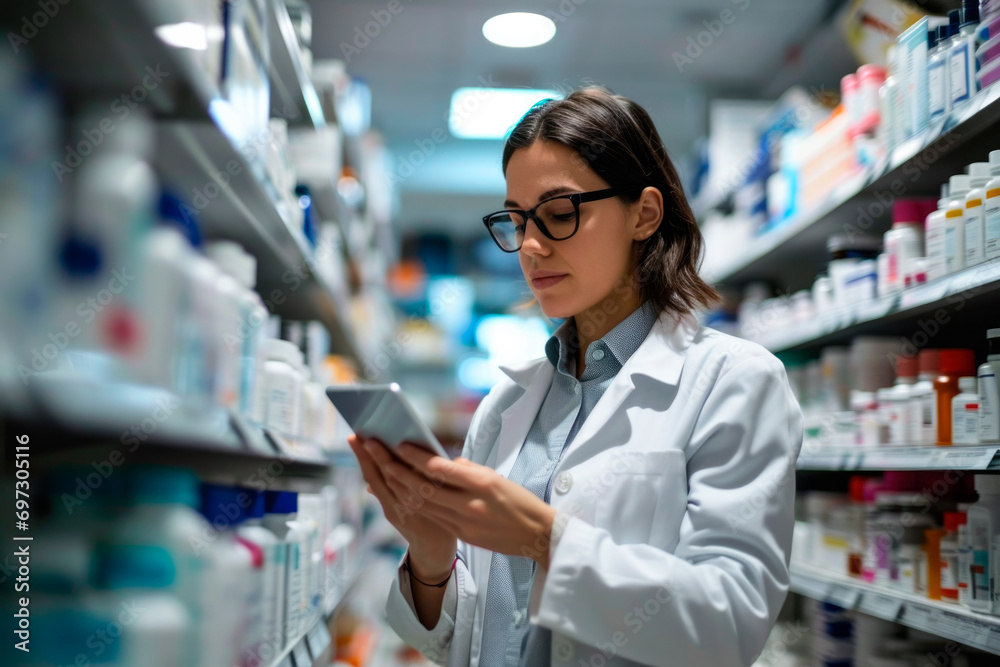 Female pharmacist working on a tablet in the interior of a pharmacy