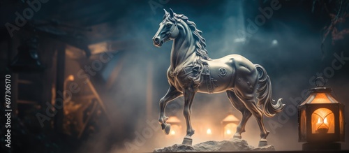 Horse figurine in misty night, artistic table decor with vivid backlight and foggy ambiance.