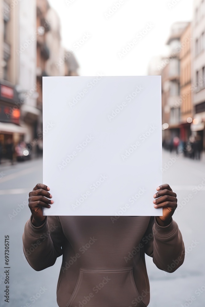 African man holding blank white paper standing in urban city street, mockup design for social issue and protest, Generative Ai African man holding blank white paper standing in urban city street, mockup design for social issue and protest, Generative Ai