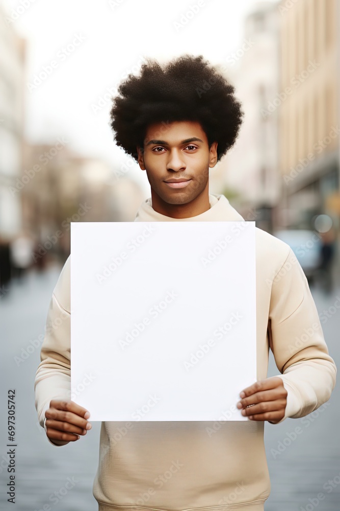 African man holding blank white paper standing in urban city street, mockup design for social issue and protest, Generative Ai African man holding blank white paper standing in urban city street, mockup design for social issue and protest, Generative Ai