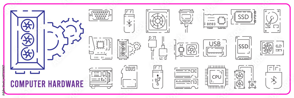 Computer hardware line icon set. Graphic card or processor and RAM. GPU ...