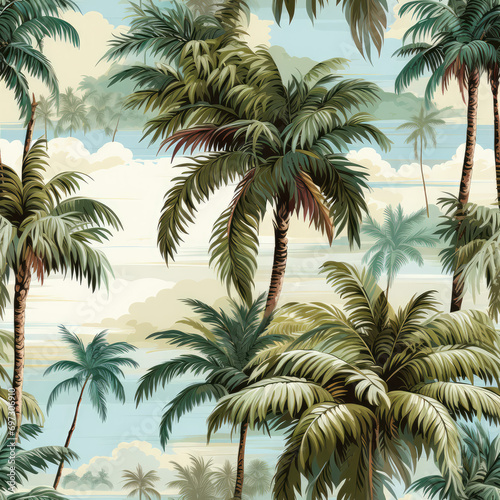 Seamless pattern with palm trees and sea. Vector illustration