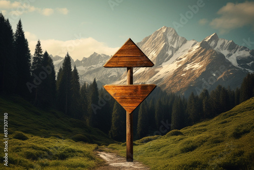 Closeup of wooden direction pointer, beautiful sky