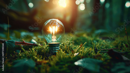A close up of a light bulb on a mossy ground. This asset is suitable for environmental, sustainability, and innovation concepts in design projects, presentations, and marketing materials.