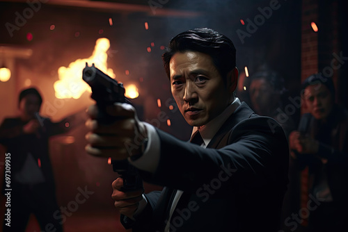 Portrait of a young Asian man in a suit holding a gun and aiming at the camera