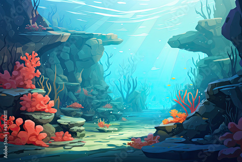 Fototapeta Naklejka Na Ścianę i Meble -  Underwater landscape with coral reef and fish. Vector cartoon illustration