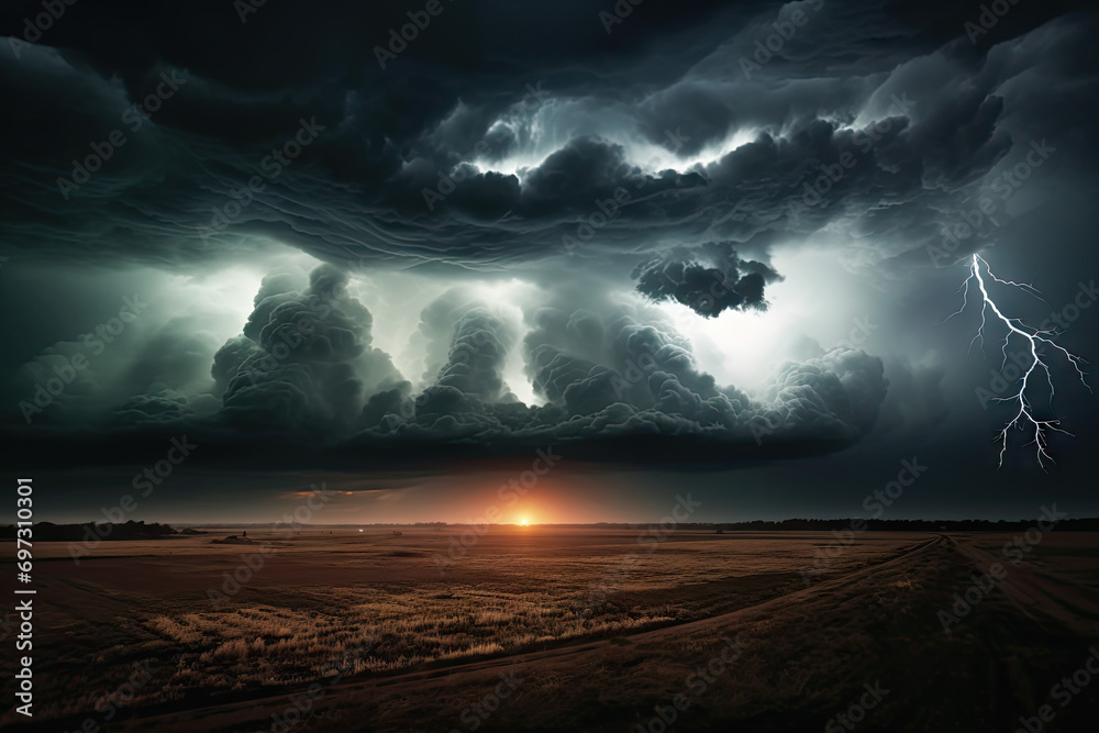 Dramatic stormy sky with lightning in field. Nature background Dramatic stormy sky with lightning in field. Nature background