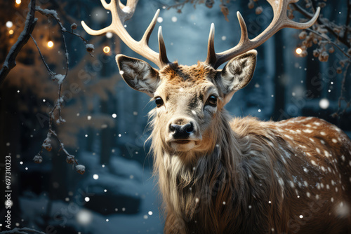 Fawn in the winter forest with lanterns and snowflakes