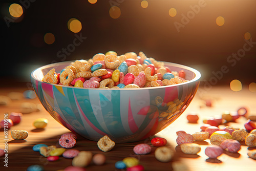 Colorful candies in a bowl on a pink and blue background
