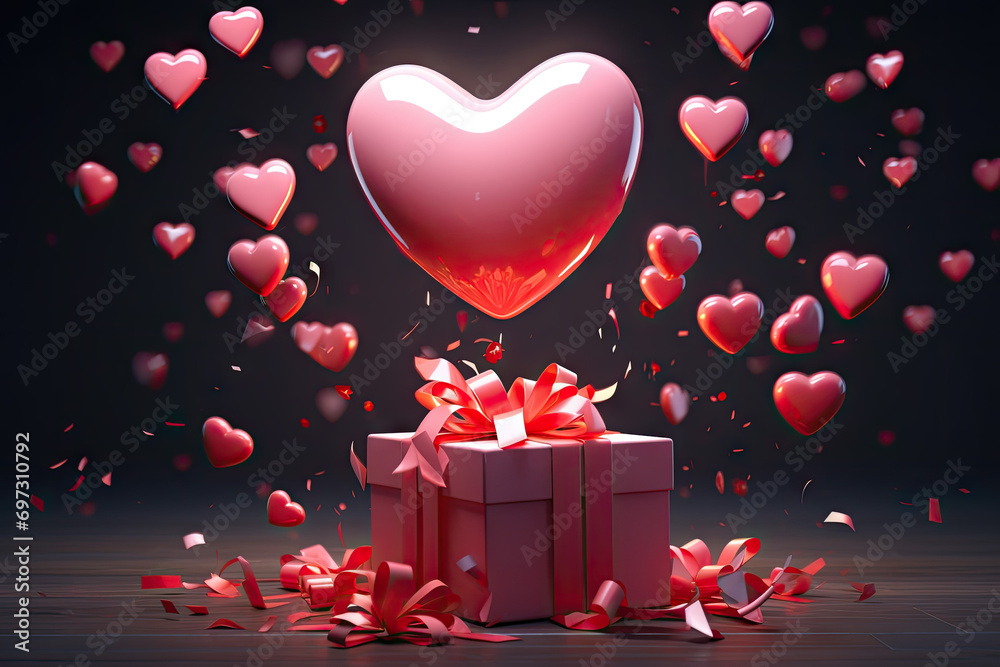 Red gift box with red hearts on bokeh background 3D rendering