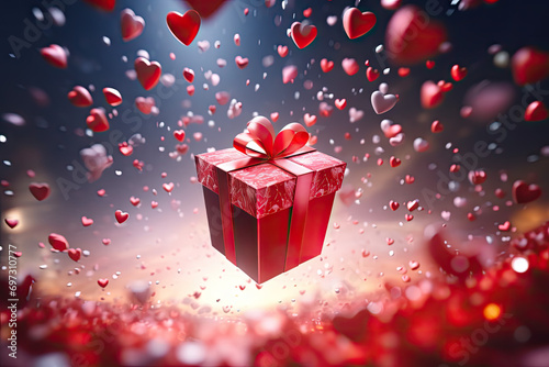 Red gift box with red hearts on bokeh background 3D rendering © Kitta