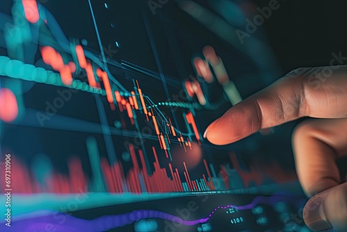 Finger points to a financial chart showing a price increase in the stock market. Concept of trading, business, investment. Financial literacy is the key to constant income growth.