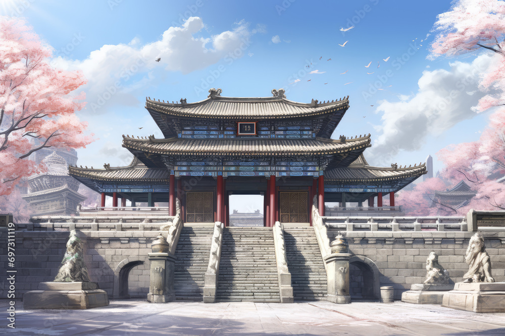 Beautiful chinese temple with blue sky and cloud in the morning