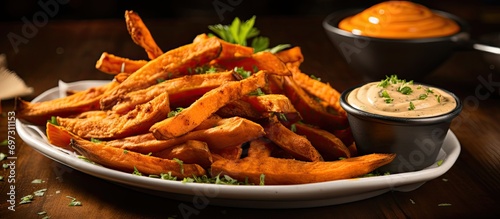 A view of seasoned sweet potato fries with dipping sauce.