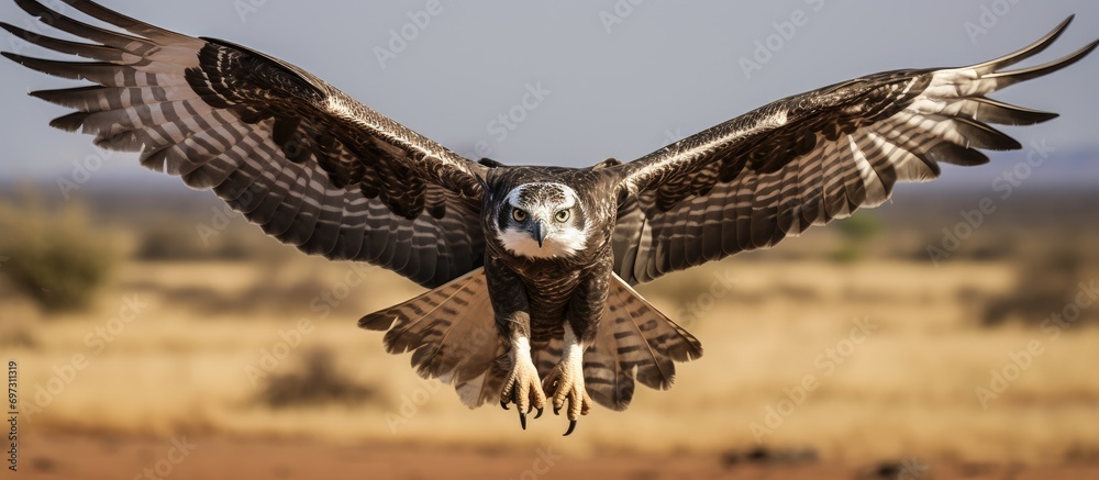 Fototapeta premium Flying Black-chested Snake Eagle in African savannah.