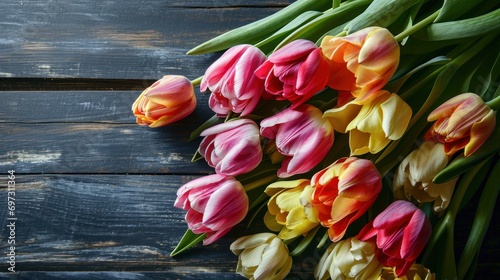 Top view of a table adorned with delicate tulips  providing a charming display and offering free space for text.