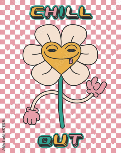 Fun groovy retro clipart with daisy flower.Chill out.bright groovy poster 70s.Retro,vintage prins with grunge texture.Card 2000.Y2k.Vector flat illustration. photo