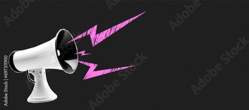 Loudspeaker halftone collage with pink doodle lightning bolts. Grunge background with empty space for your design.