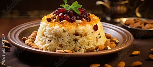 Traditional Turkish food: bademli ic pilav - rice pilaf with pine nuts and currants. photo
