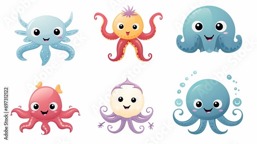 A charming assortment of cartoon sea creatures that live in the ocean, including octopus crabs, fish, squids, and starfish.