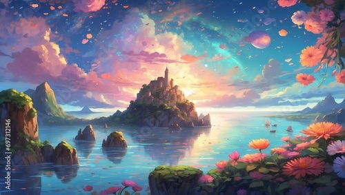 Celestial Archipelago: Mesmerizing Animated Scene with Dreamlike Radiance