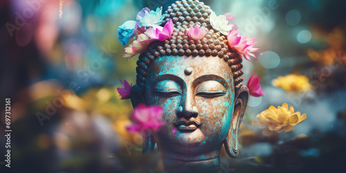 glowing Jade Buddha face with colorful flowers, halo chakra light © Kien