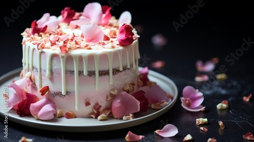 "A detailed shot of a delicate lychee rose cake, adorned with edible petals and filled with fragrant lychee cream, a fusion of floral and fruity sweetness."