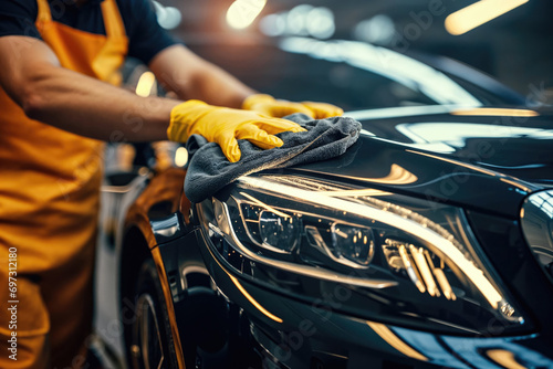 A man cleaning a car with a microfiber cloth, car detailing concept.	
 photo
