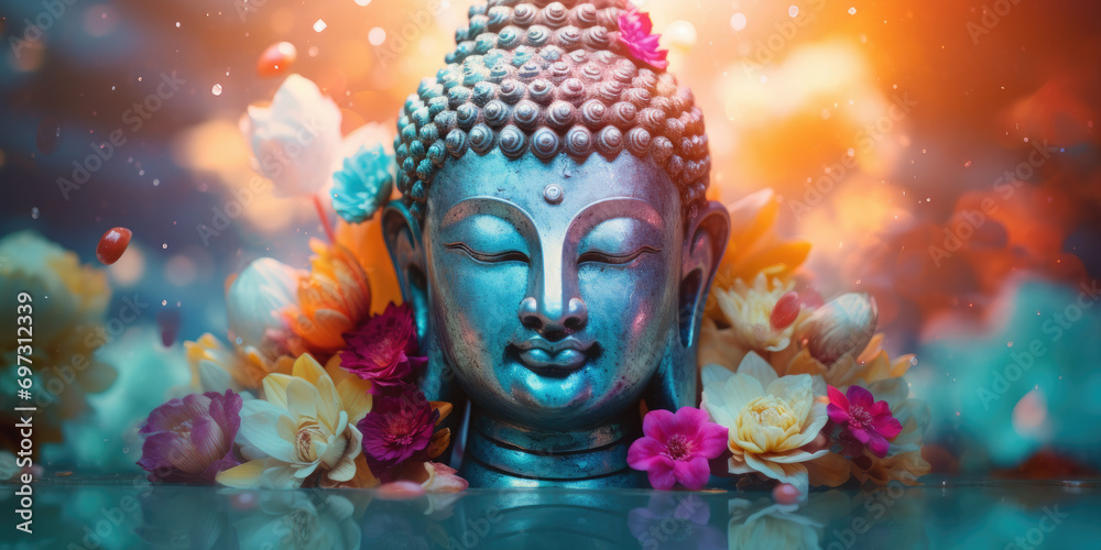 glowing Jade Buddha face with colorful flowers, halo chakra light