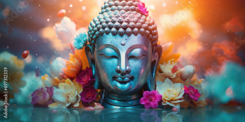 glowing Jade Buddha face with colorful flowers, halo chakra light