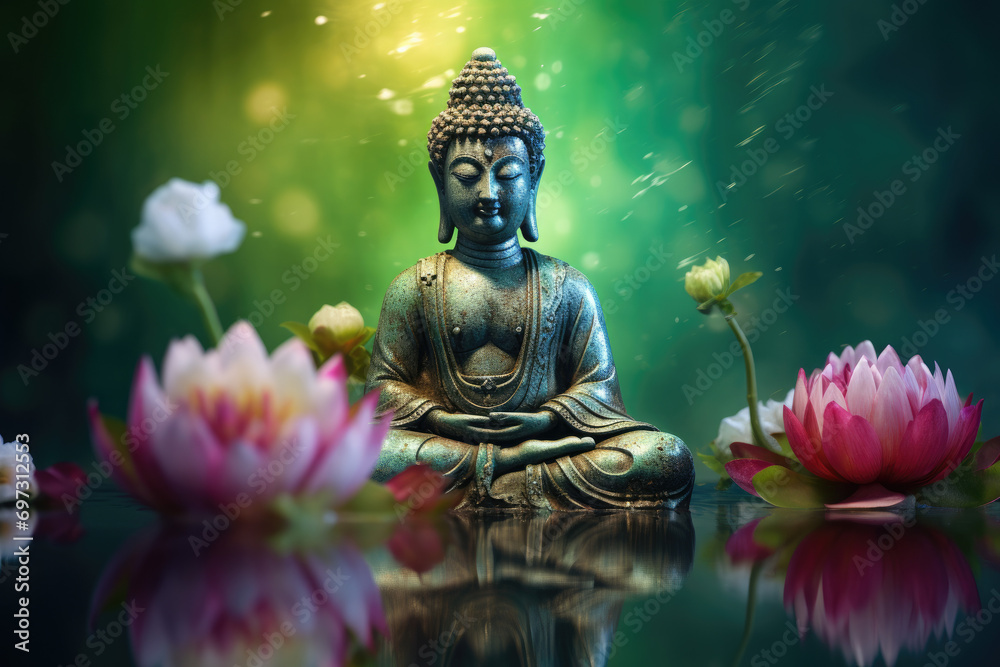 glowing Jade Buddha statue with colorful flowers, halo chakra light
