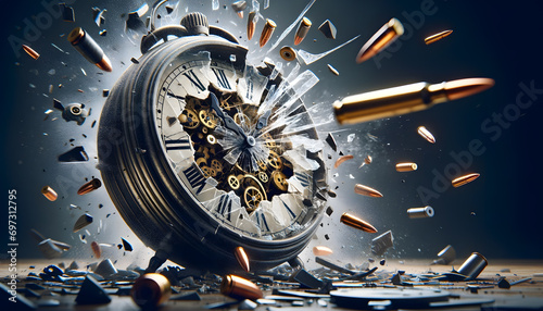  Clock is breaking by bullet of the gun, the clock explode with glass, bad time management in business concept.. photo