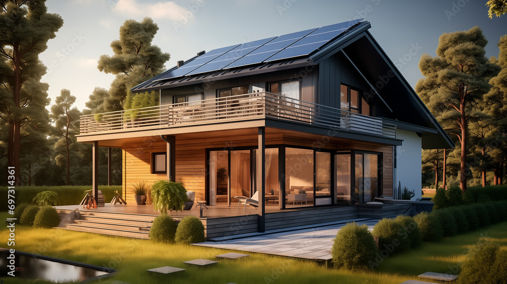 Fototapeta premium Photovoltaic System on the roof New suburban house Modern eco friendly passive house with solar panels on the gable roof climate renewable energy