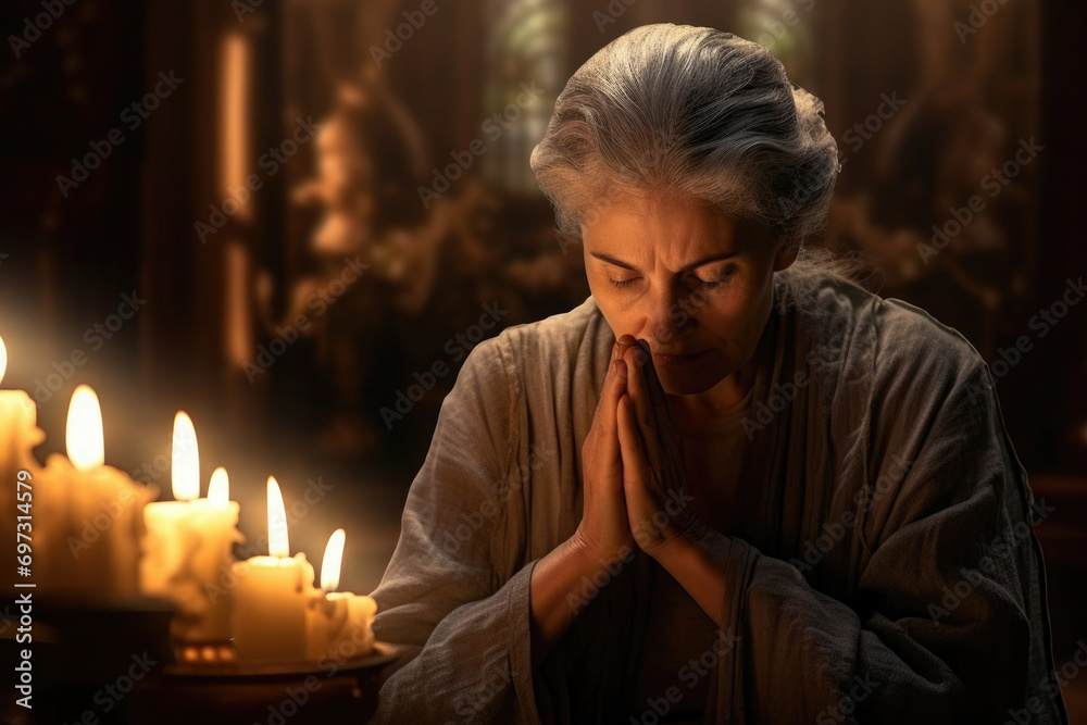 An elderly woman with gray hair prays with her hands up to her face near burning candles in a church
