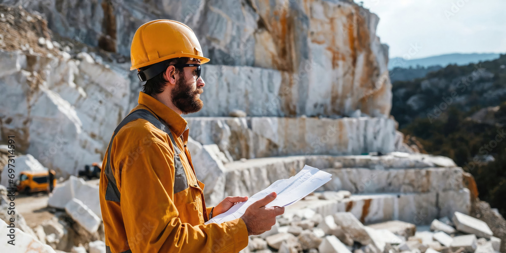 Engineer who inspects and checks the process of the marble quarry and checks the work of the marble quarry. - obrazy, fototapety, plakaty 