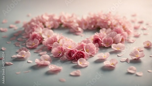 Floral heart. Heart-shaped arrangement made with delicate flower petals against a soft, dreamy background. Minimal Valentine's Day and love concept. With copy space.