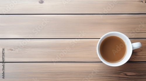 A table with a coffee mug and copy space at a height above the table