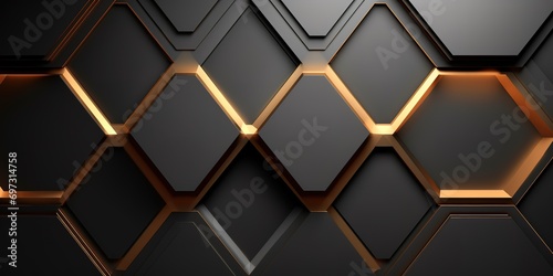 Black background with shiny black and gold Hexagonal shapes. generative AI