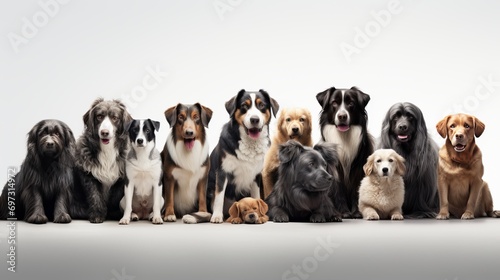A white wall is the backdrop for a large group of purebred dogs.