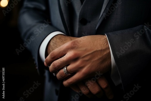Groom wears the brides ring.