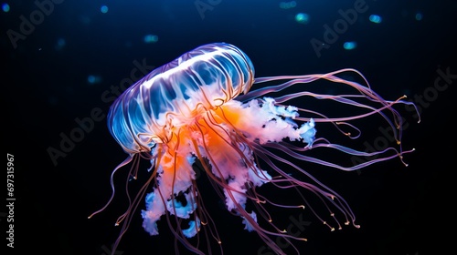 Jellyfish are present in a tank of water. © Elchin Abilov
