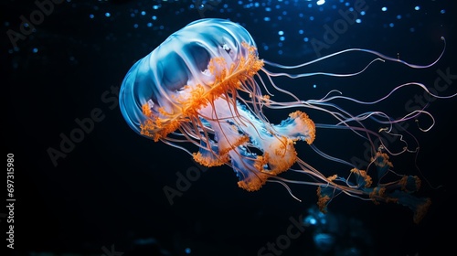 Jellyfish are present in a tank of water.