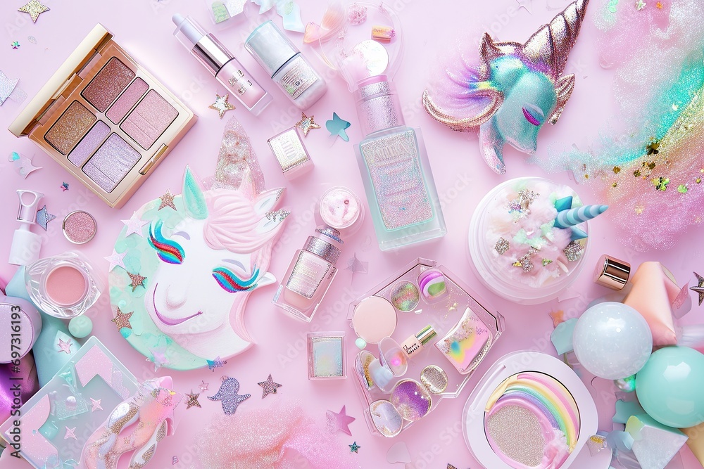 Fantasy-themed beauty products with unicorn and glitter details